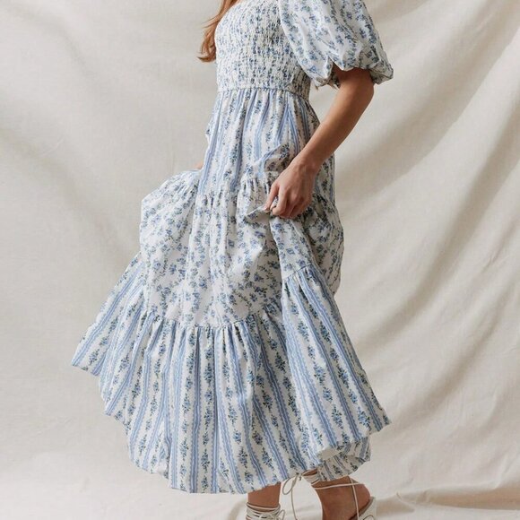 Blue Boho Women's Patchwork Floral Pleated Dress with Bubble Sleeves - Picture 3 of 4